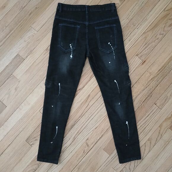 Men's Black Stretch Denim Jeans Zip Pockets Painted Drip Splash Hip Hop 30Wx28L - Picture 2 of 7